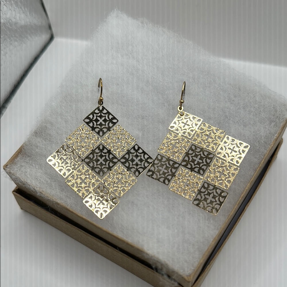 Gold Tone Filigree Statement Earrings with Intricate Design - Picture 2 of 3